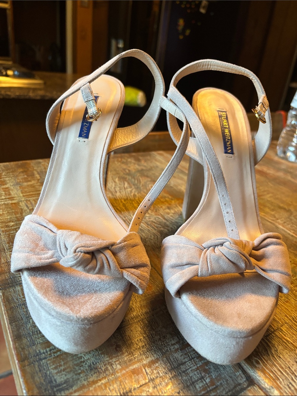 Stuart Weitzman Light Beige Suede Knot Platform Sandals